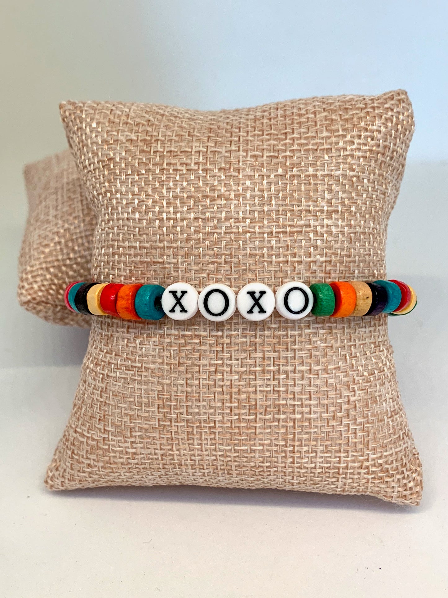 Multicolored Wooden Beaded Bracelet with XOXO