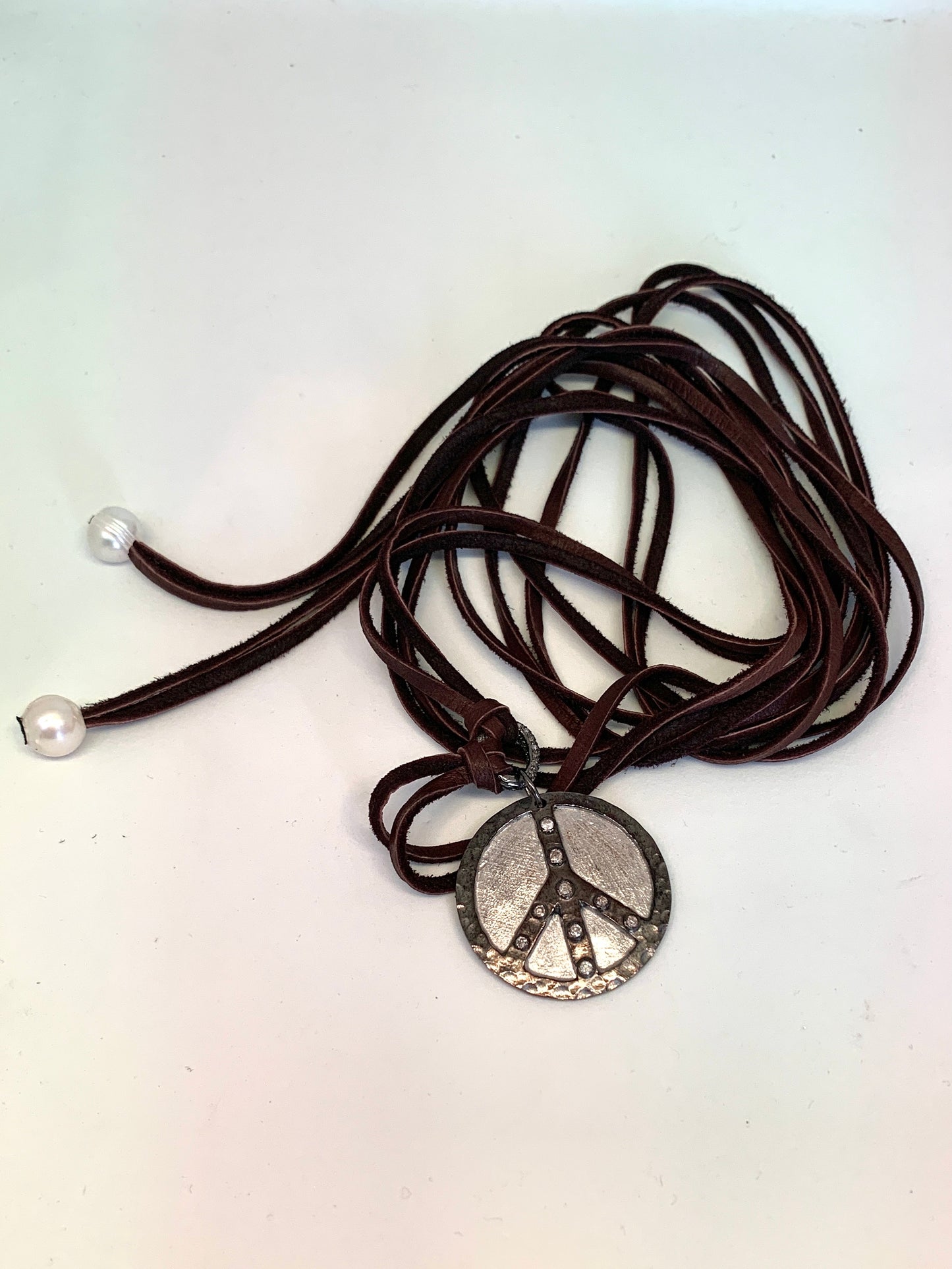 Dark Brown Deerskin Leather with Freshwater Pearl Accents and Pave Diamond Oxidized Peace Sign