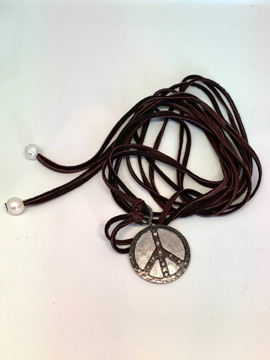 Dark Brown Deerskin Leather with Freshwater Pearl Accents and Pave Diamond Oxidized Peace Sign