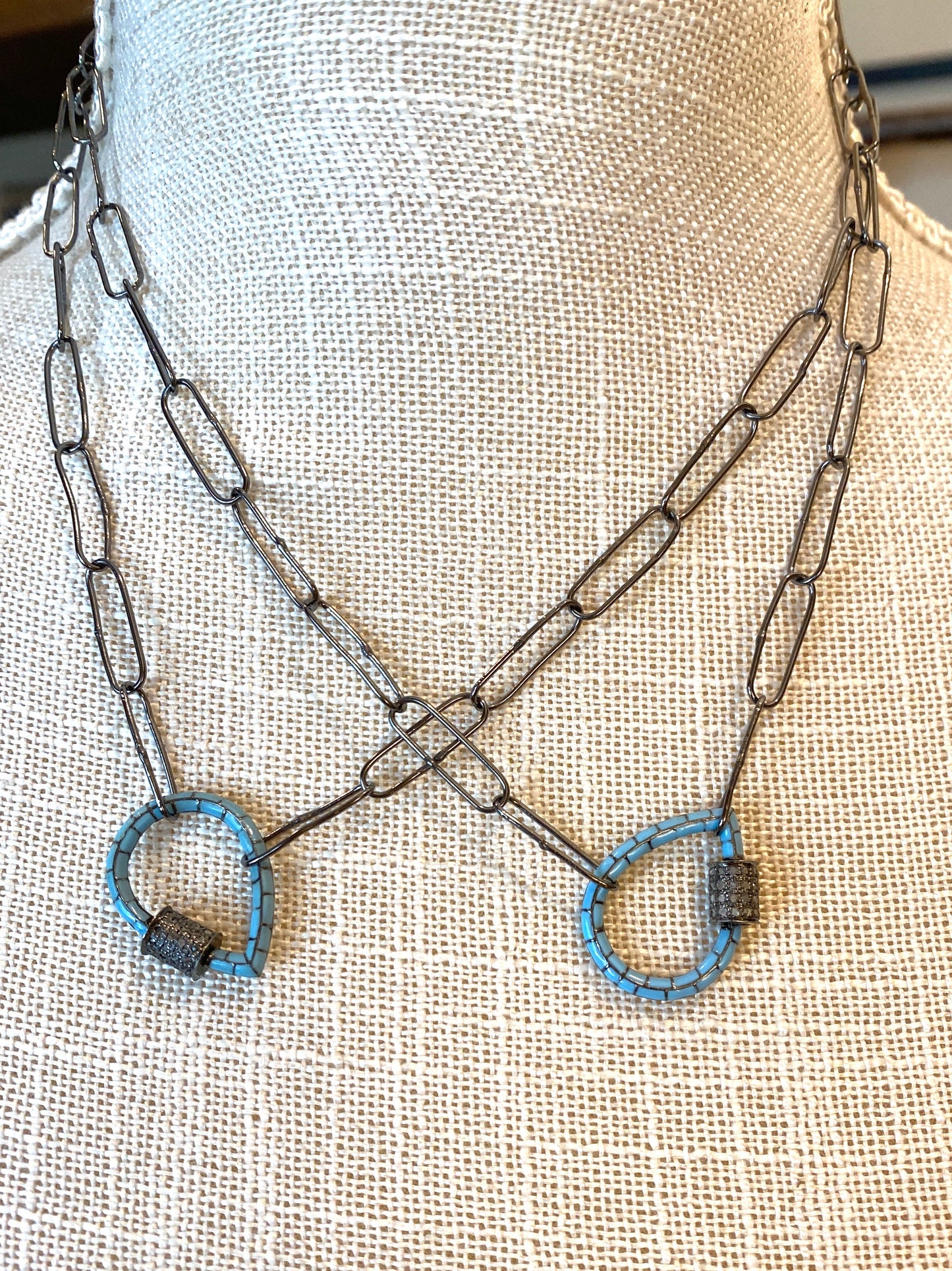 Oxidized Chain Necklace With Tiffany Blue Enamel and Diamond Carabiner.