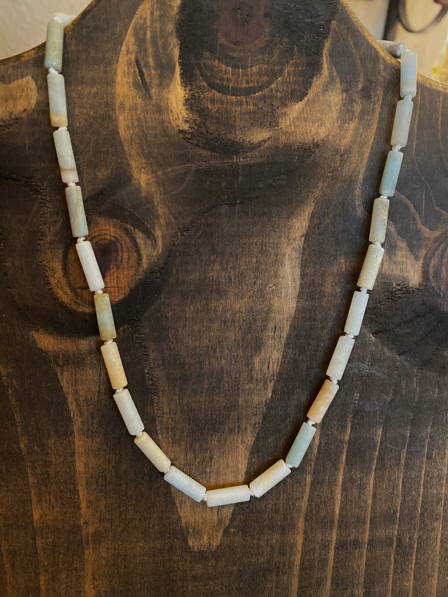 Amazonite Tube Beads on Hand Knotted Silk Cord Necklace