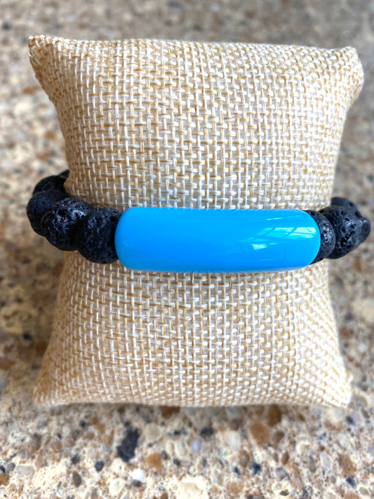 10mm Black Lava Elastic Beaded Bracelet With Blue Acrylic Tube