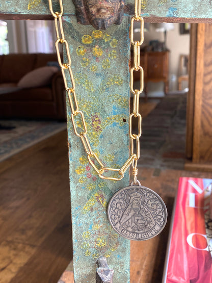 Vintage St. Ellizabeth medallion on gold filled chunky paper clip chain