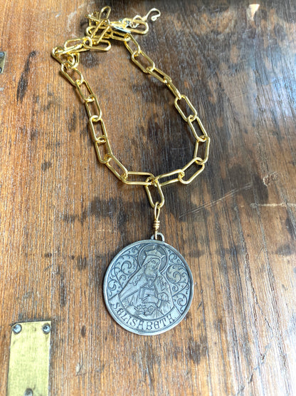 Vintage St. Ellizabeth medallion on gold filled chunky paper clip chain