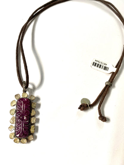 Dark Brown Waxed Cord Adjustable Necklace with Carved Ruby and Polki Diamonds