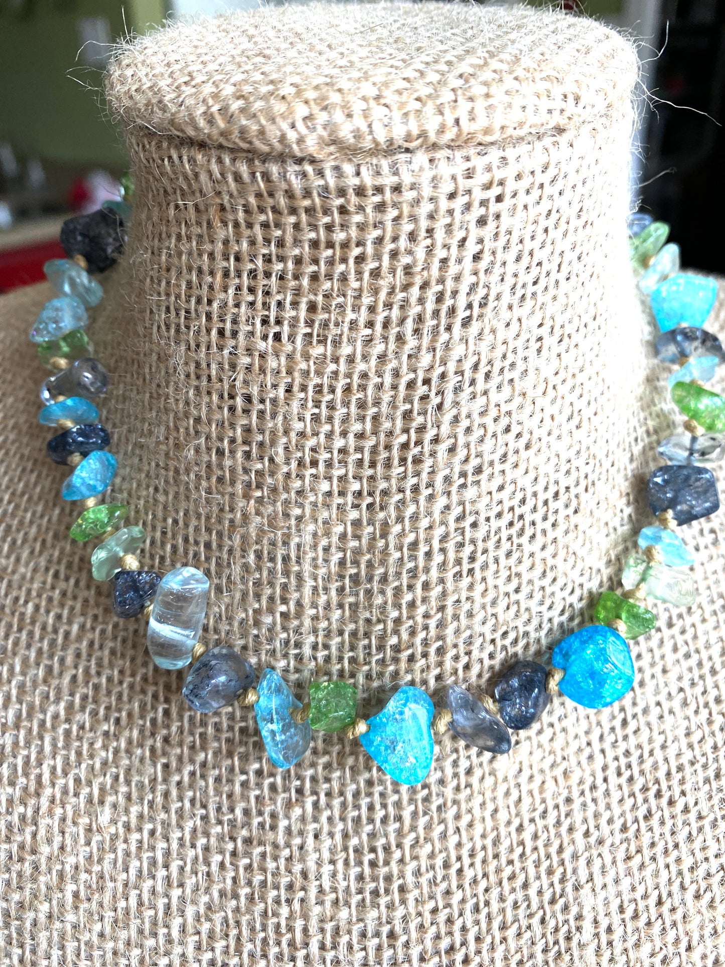 Shades of Blue and Green Chip Hand Knotted Necklace