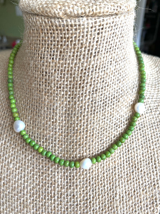 Green Wooden Beaded Necklace With Three Freshwater Pearls