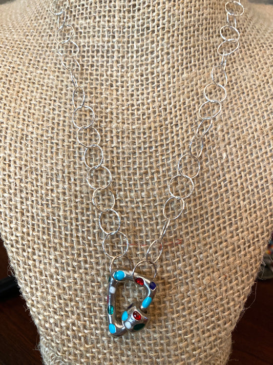Sterling silver carabiner with inlayed stones, on sterling silver chain