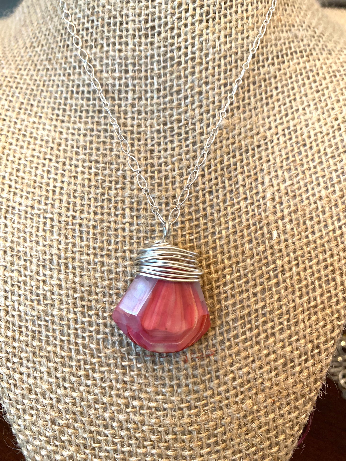 Pink stone wrapped in silver wire, on dainty sterling silver chain necklace
