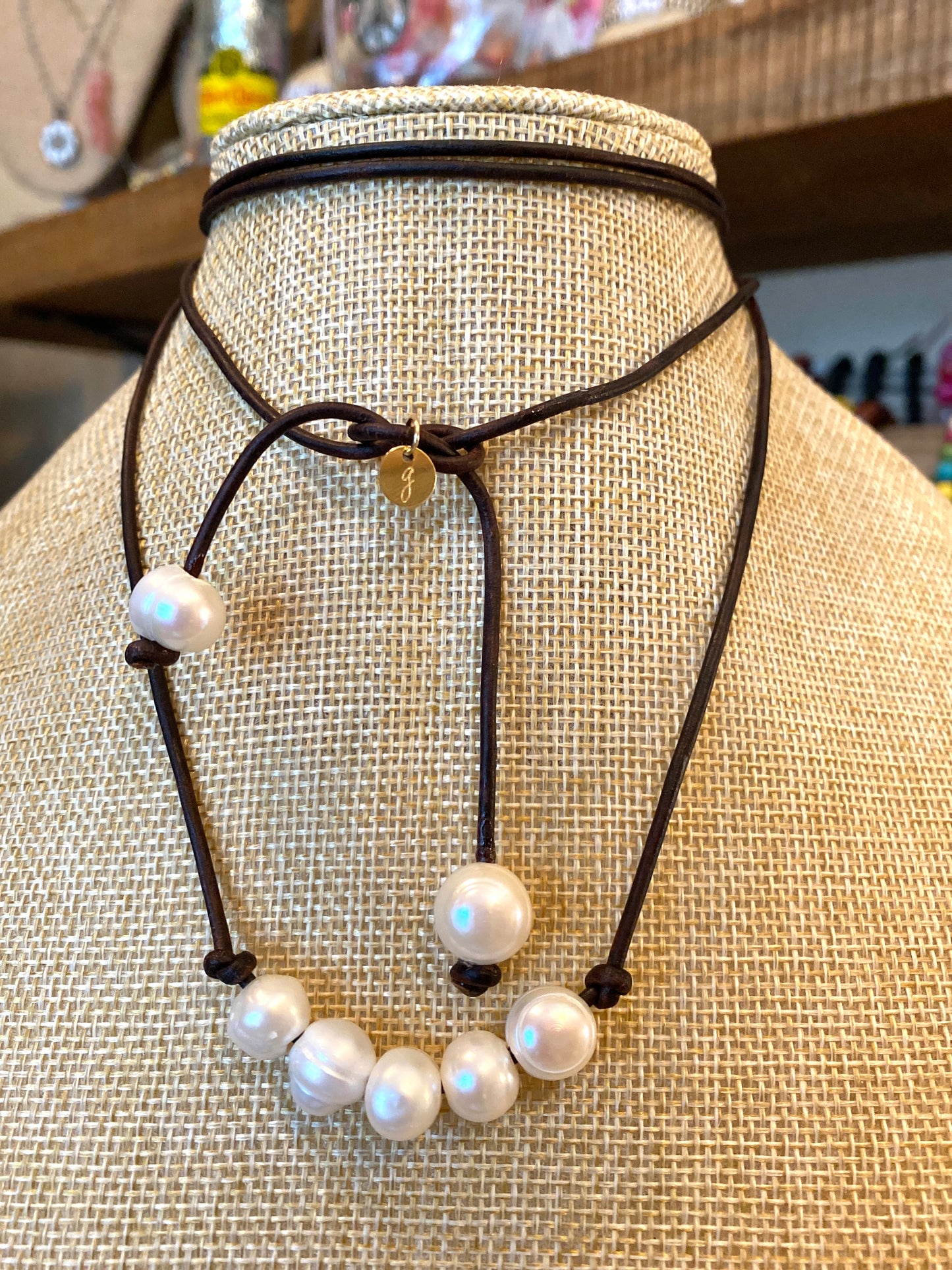 Leather Cord Necklace With 7 Freshwater Pearls