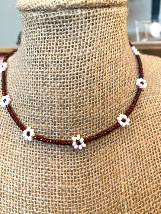 Tiny Shiny Maroon Beaded Daisy Chain Necklace With White Flowers