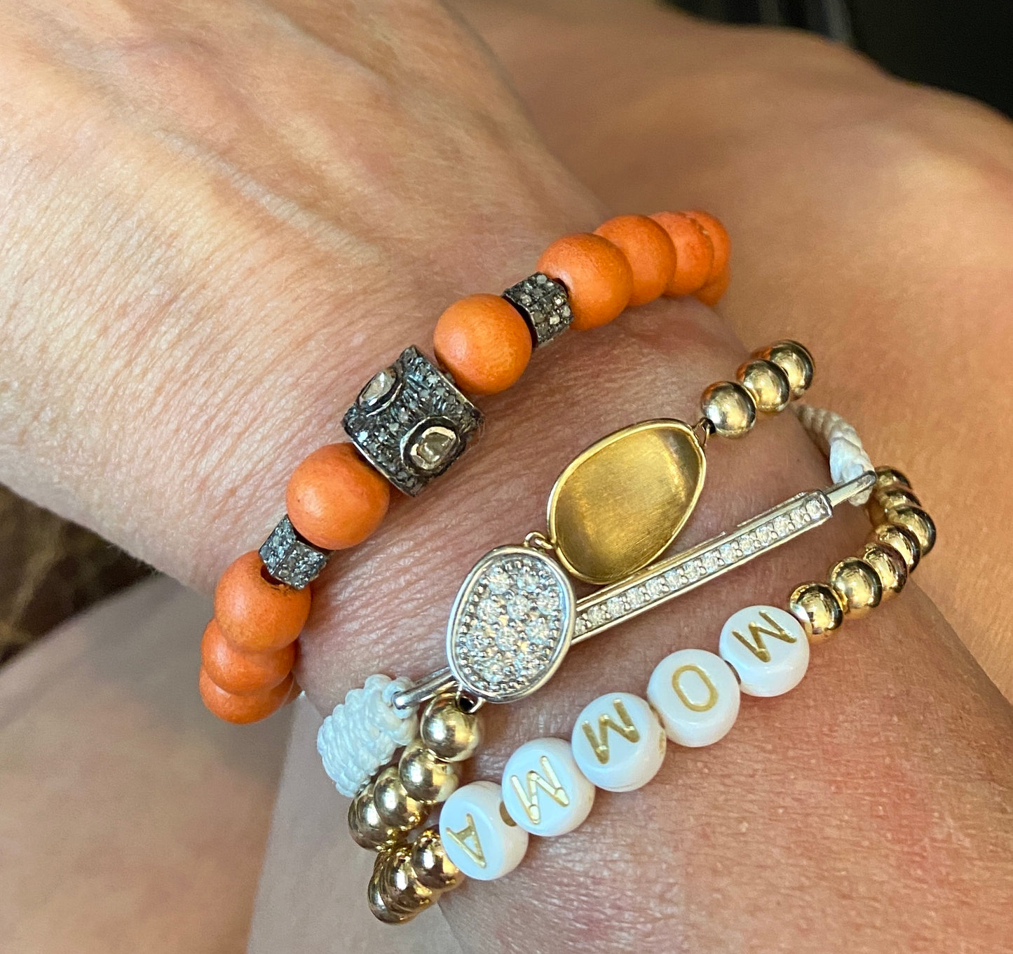 Orange Wooden Elastic Beaded Bracelet With Diamond Barrel and Square Beads