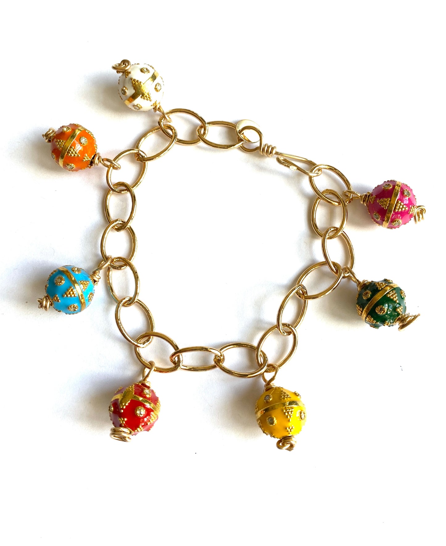 Gold Filled Chain Bracelet With Enamel and Diamond 12mm Beads