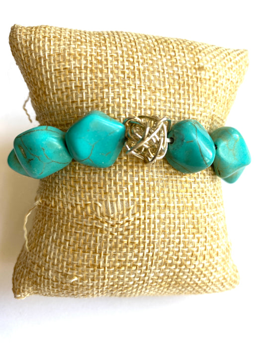 Chunky Turquoise Elastic Beaded Bracelet With Sterling Silver "Tumbleweed"