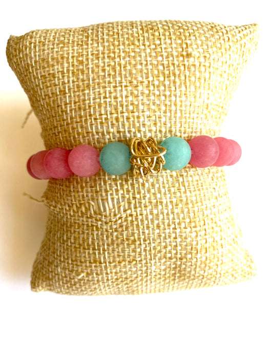 Rose Pink and Turquoise Colored Jade Elastic Beaded Bracelet With Gold Filled "Tumbleweed"