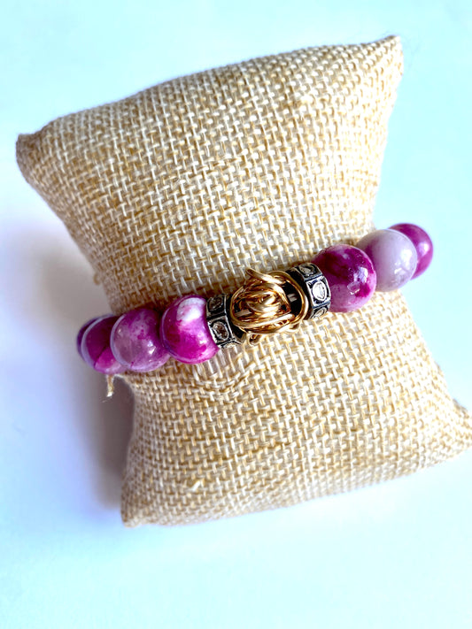 Vibrant Purple Elastic Beaded Bracelet With Diamond Spacers and Gold Filled "Tumbleweed"