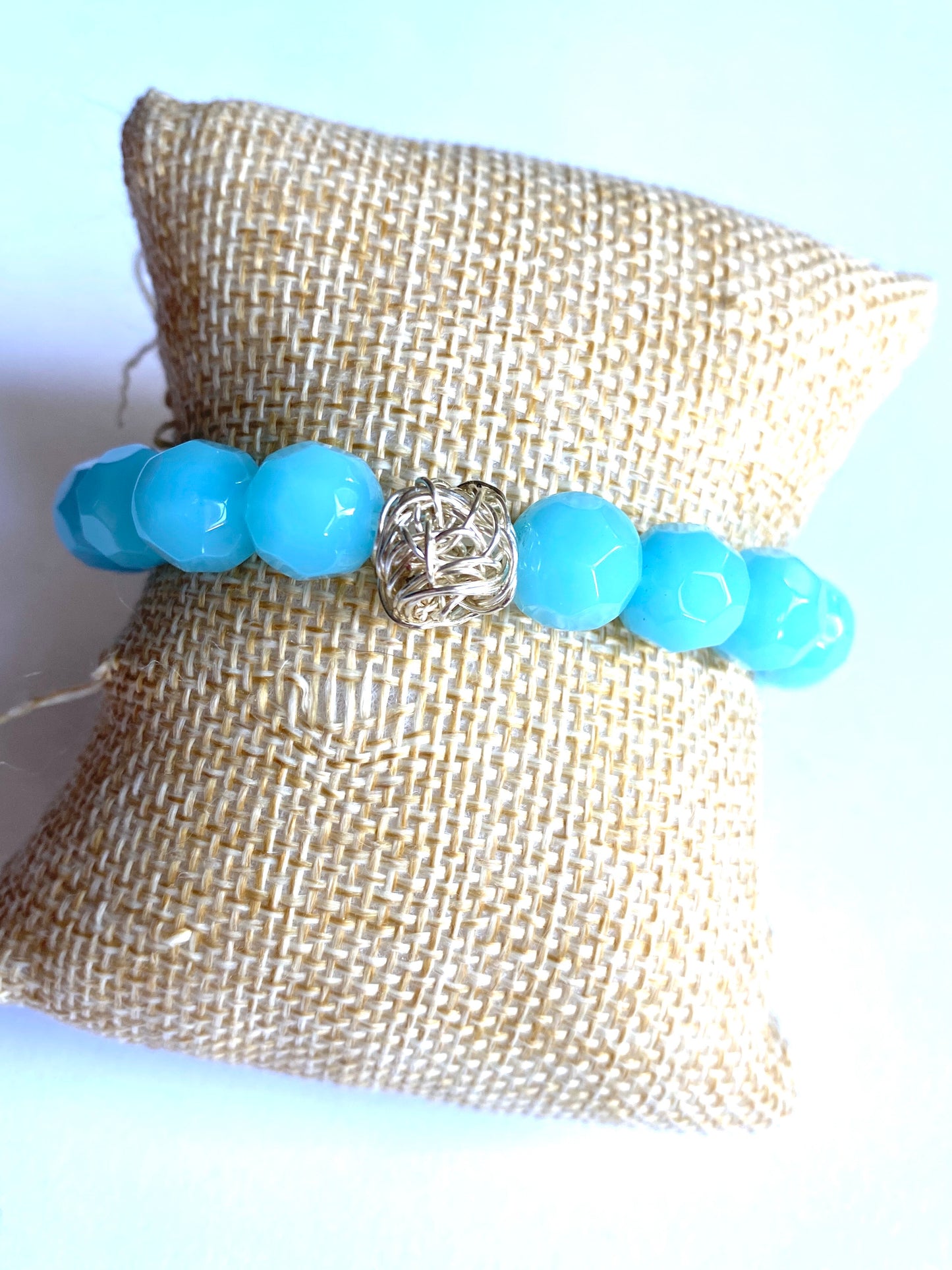 Faceted "Tiffany Blue" Elastic Beaded Bracelet With Sterling Silver "Tumbleweed"