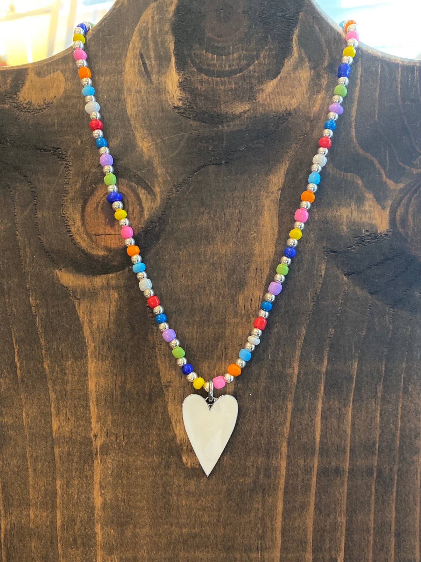 Rainbow Seed Beads With Sterling Silver Beads, With White Enamel Heart Pendant