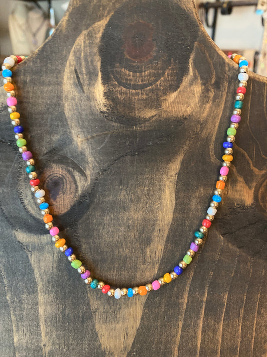 Rainbow seed bead and gold filled beaded necklace