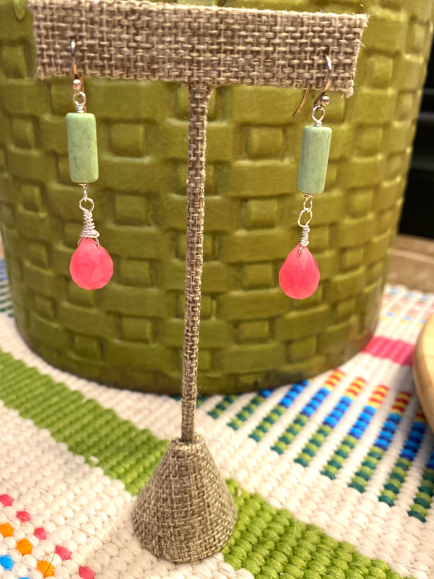 Lime green tubed beads with rose quartz drop earrings