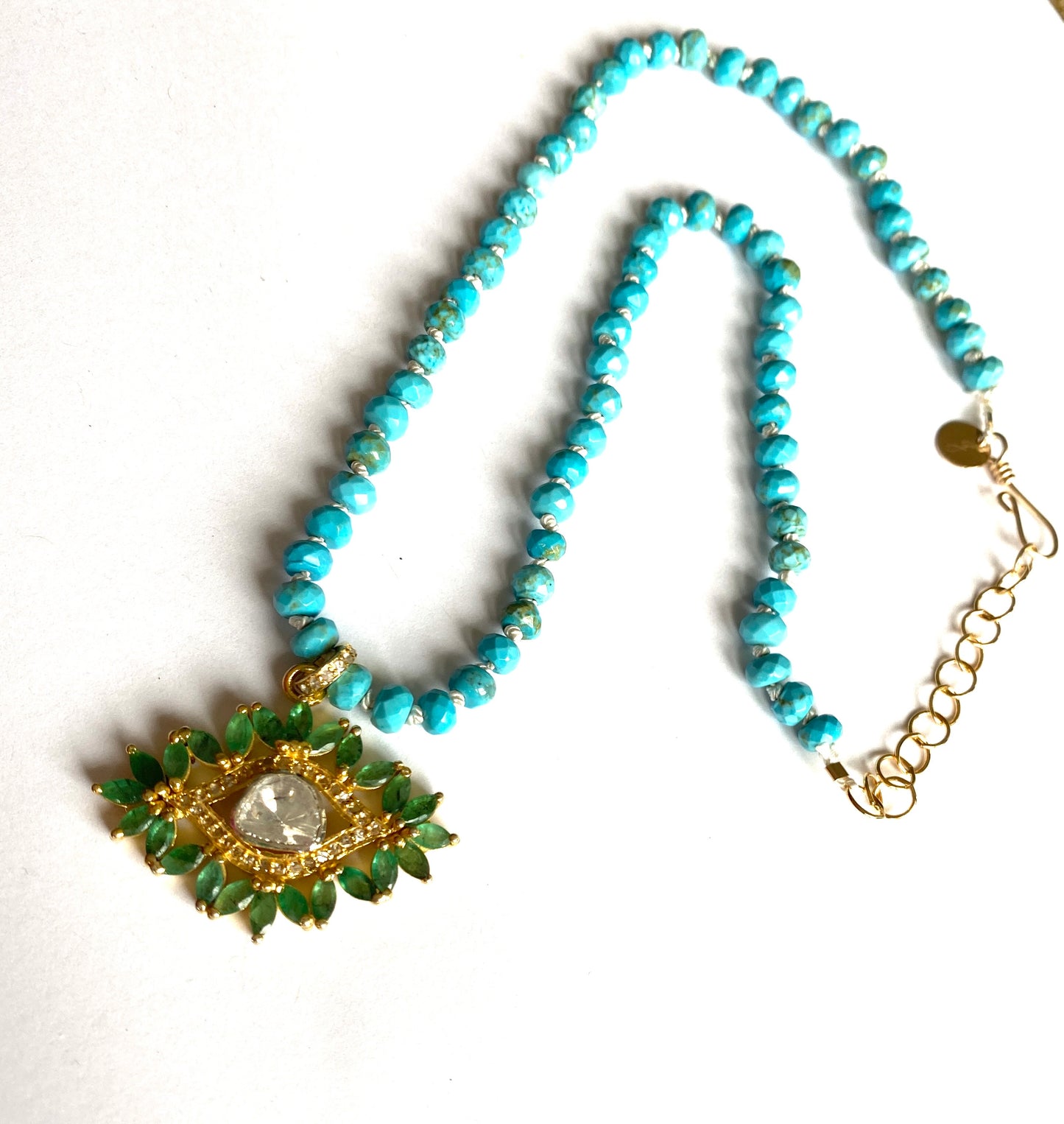 Emerald and Diamond Evil Eye Pendant on Turquoise Hand Knotted Silk
