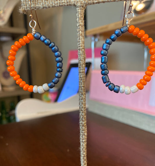 Orange blue and white beaded earrings