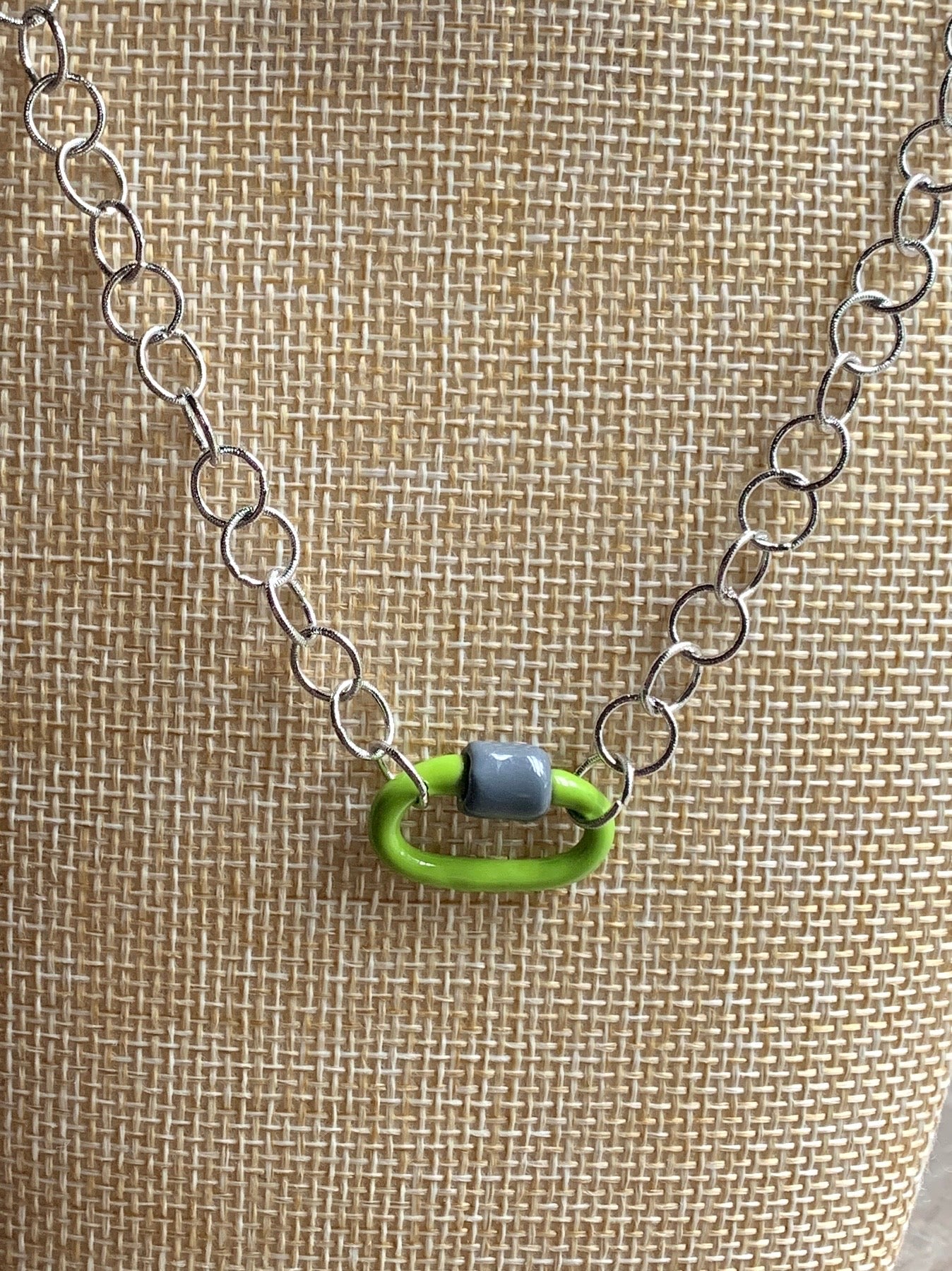 Sterling Silver Chainlink Necklace with Lime Green and Gray Carabiner