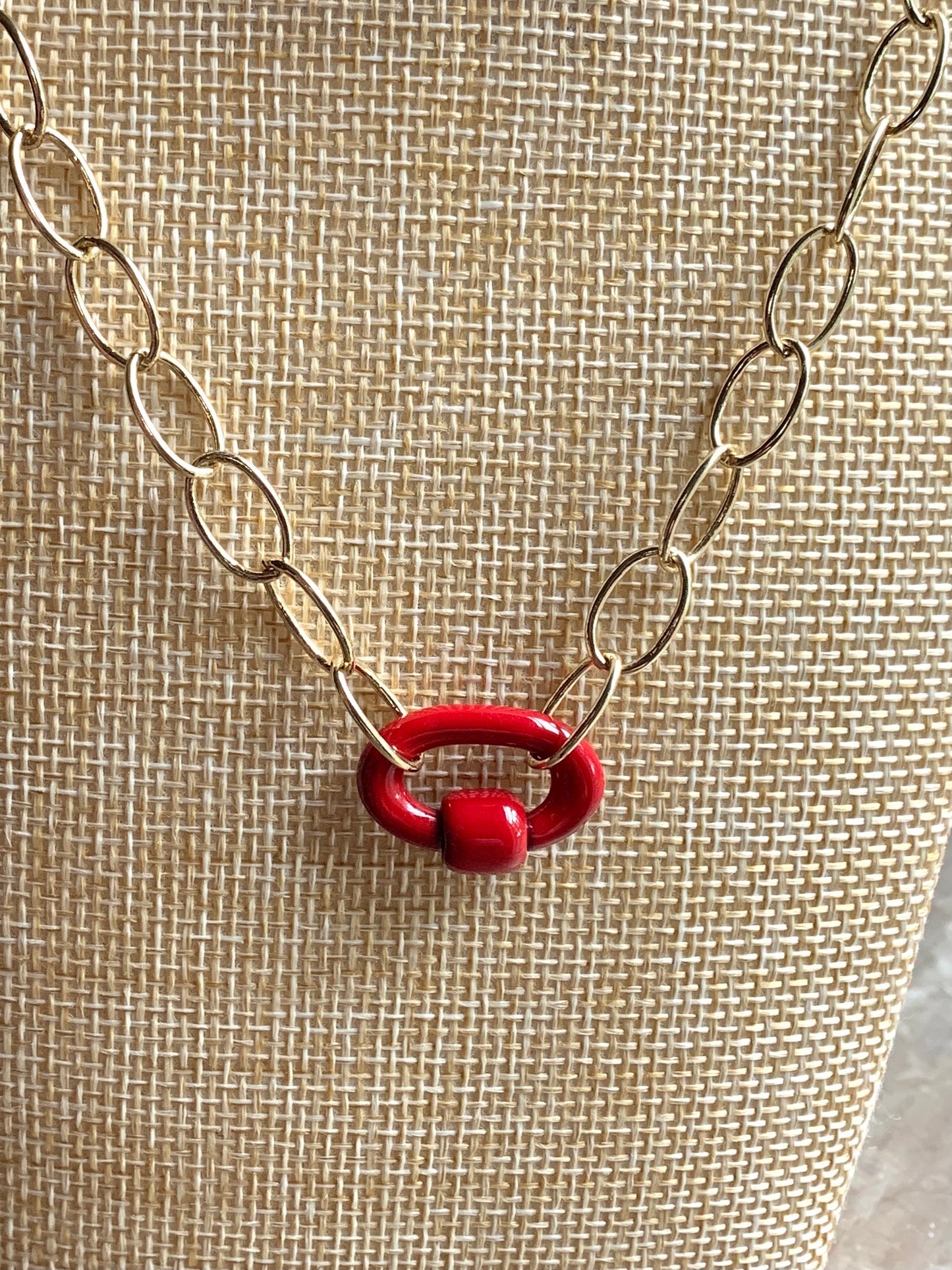 Gold Filled Chainlink Necklace with Red Carabiner