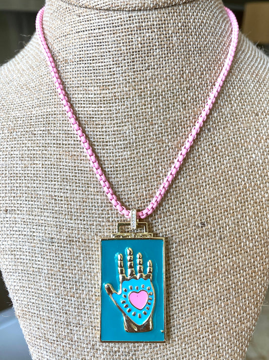 Pink Enamel Box Chain Necklace With Hamsa Metal Pendant