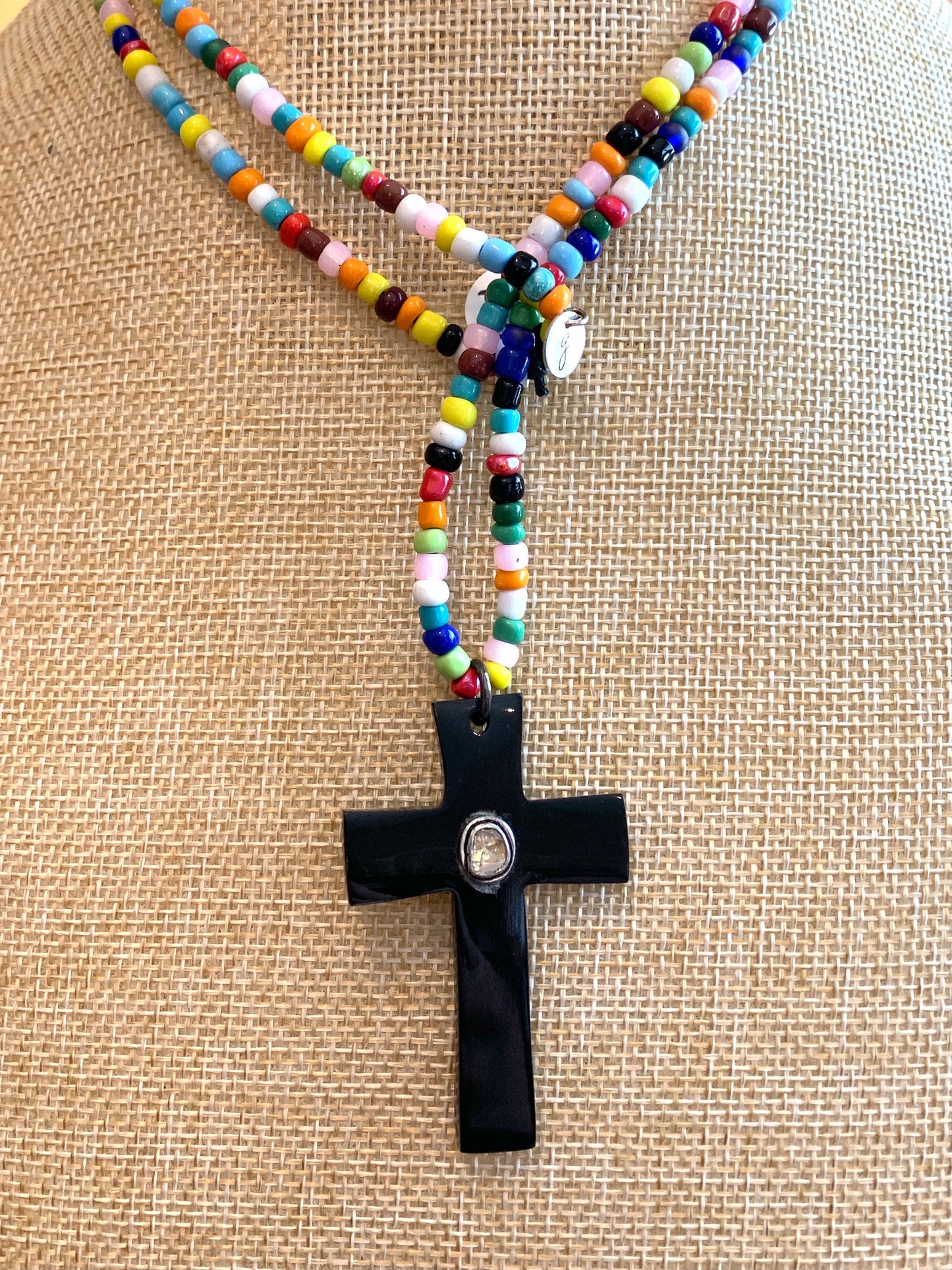 Multicolored Seed Bead Necklace with Black Lacquer Cross and Polki Diamond