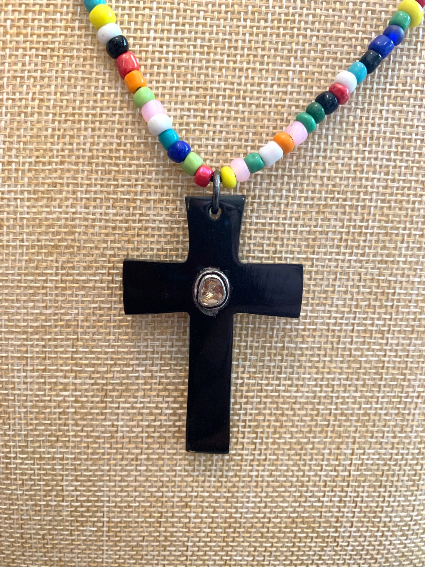 Multicolored Seed Bead Necklace with Black Lacquer Cross and Polki Diamond