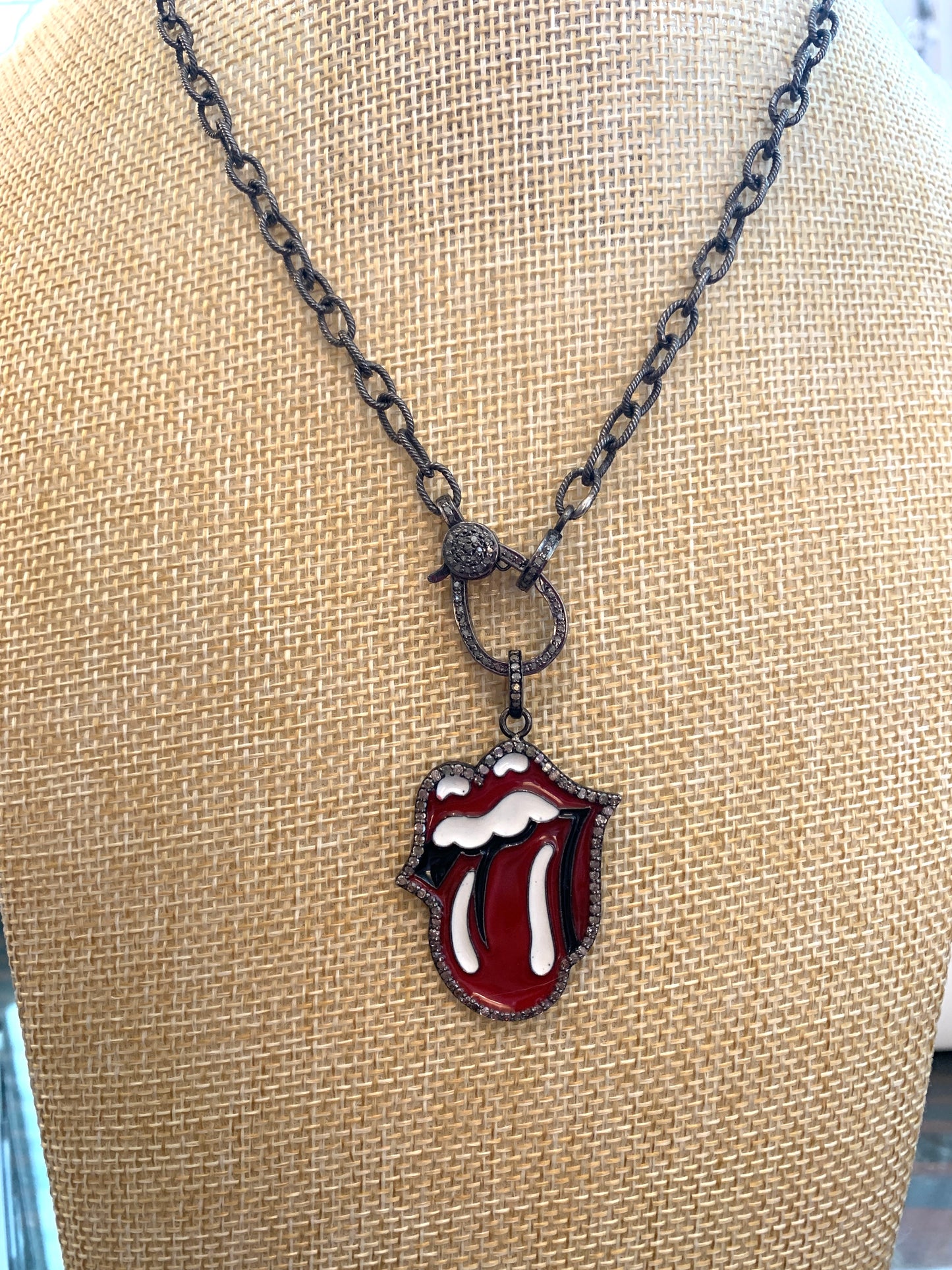 Oxidized Chain with Red and White Enamel and Pave Diamond Rolling Stones Tongue Pendant