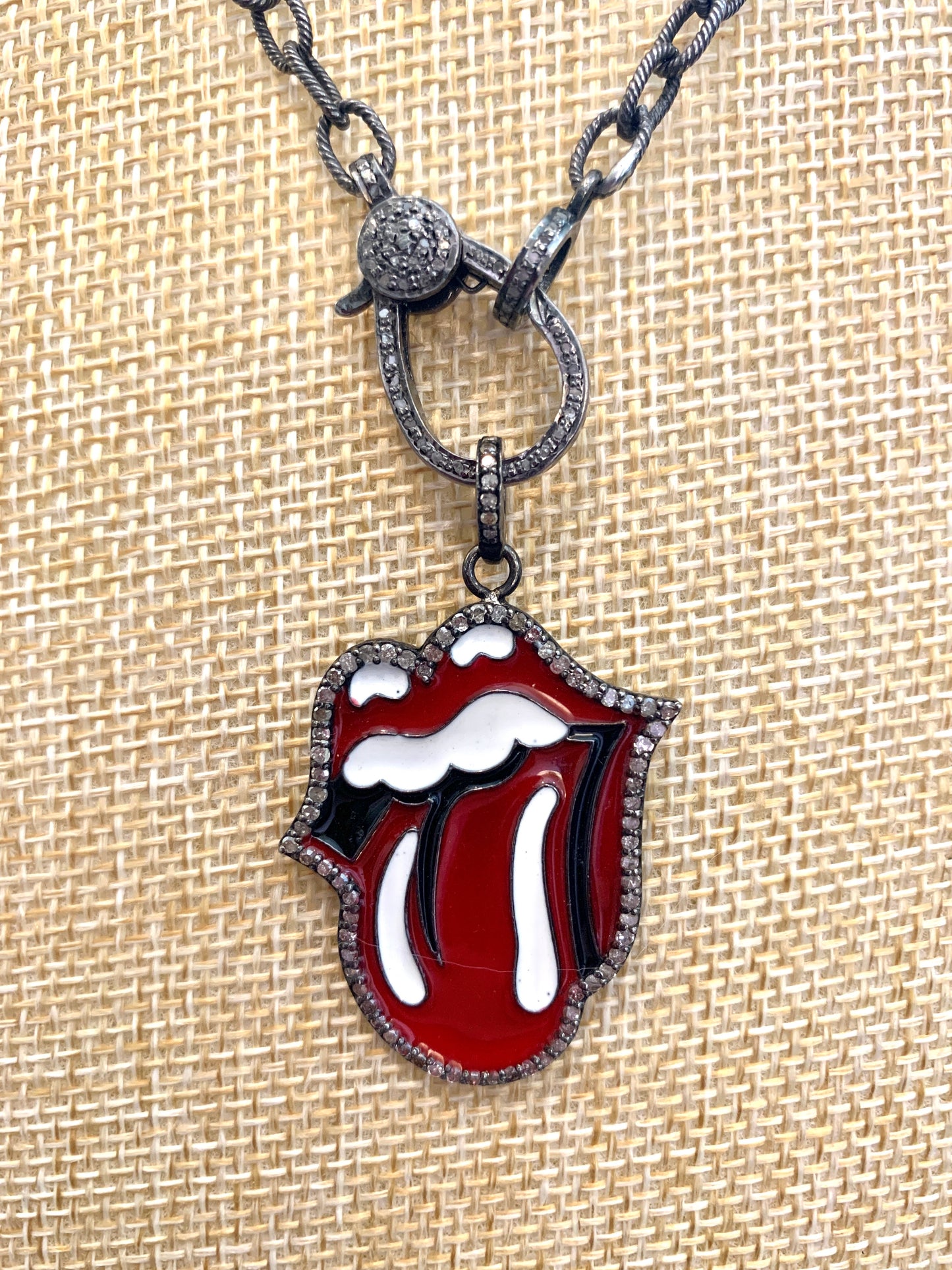 Oxidized Chain with Red and White Enamel and Pave Diamond Rolling Stones Tongue Pendant