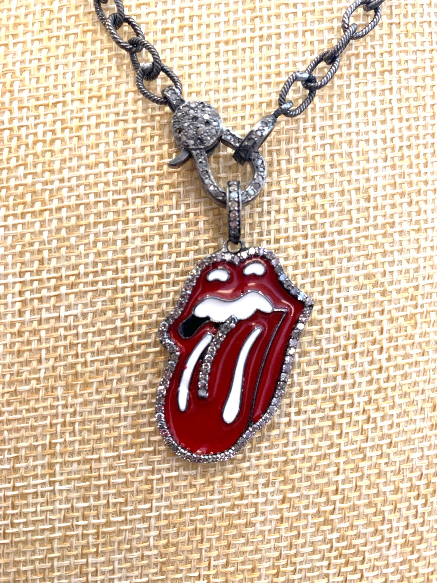 Oxidized Chain Necklace with Enamel and Pave Diamond Rolling Stones Tongue Pendant