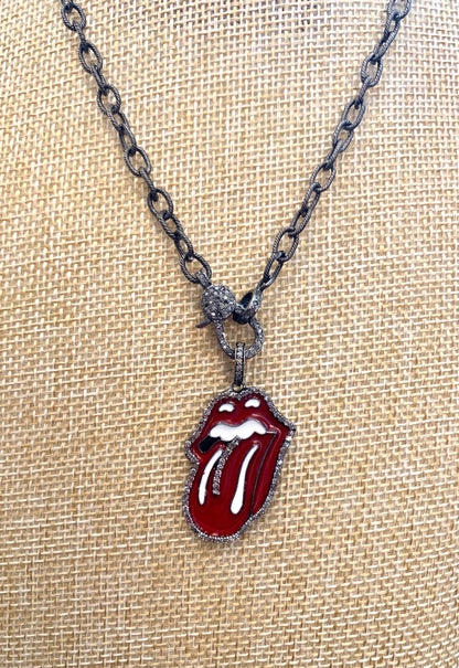 Oxidized Chain Necklace with Enamel and Pave Diamond Rolling Stones Tongue Pendant