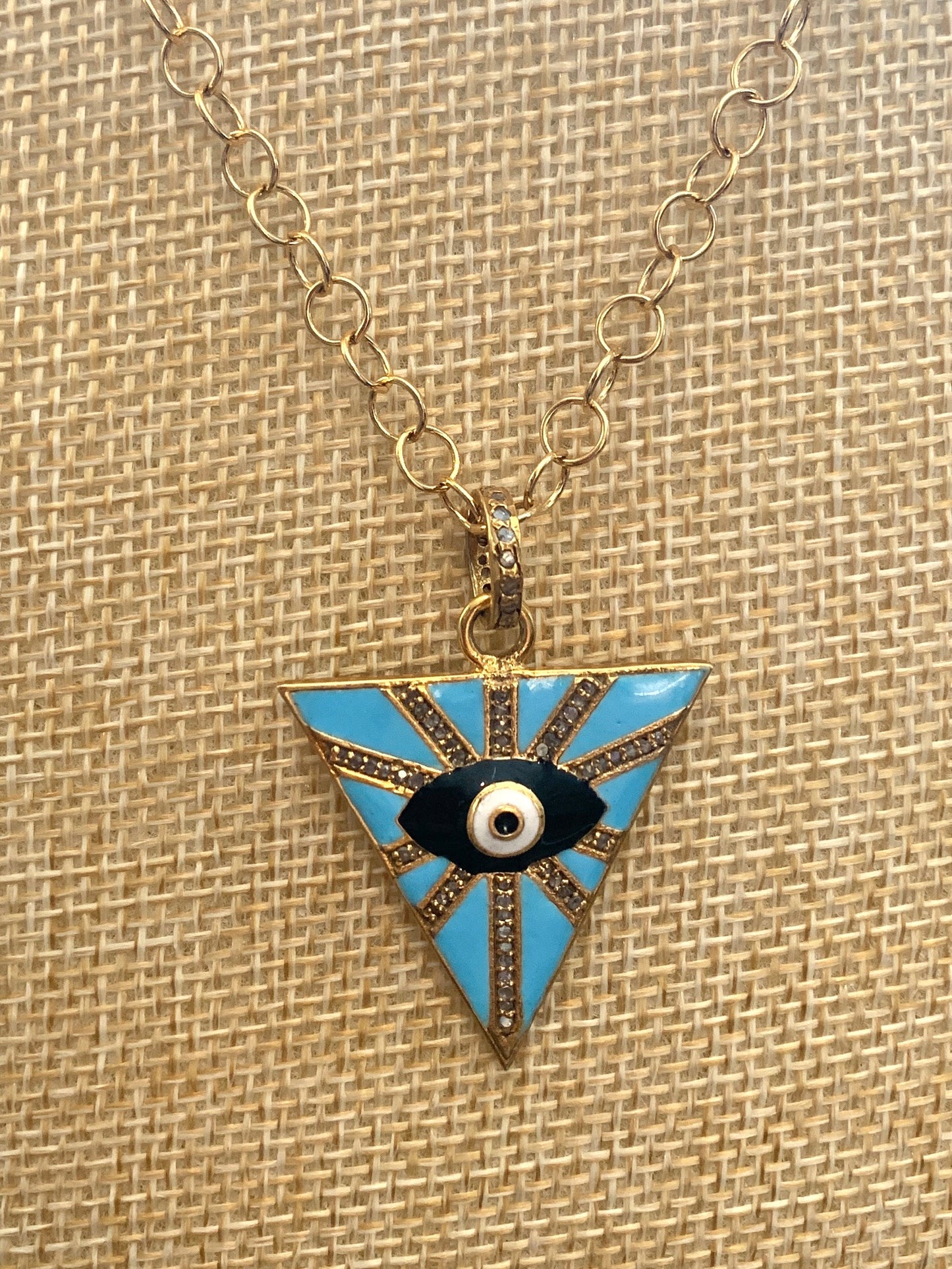 Gold Filled Necklace with Enamel and Pave Diamond Evil Eye Triangle Pendant
