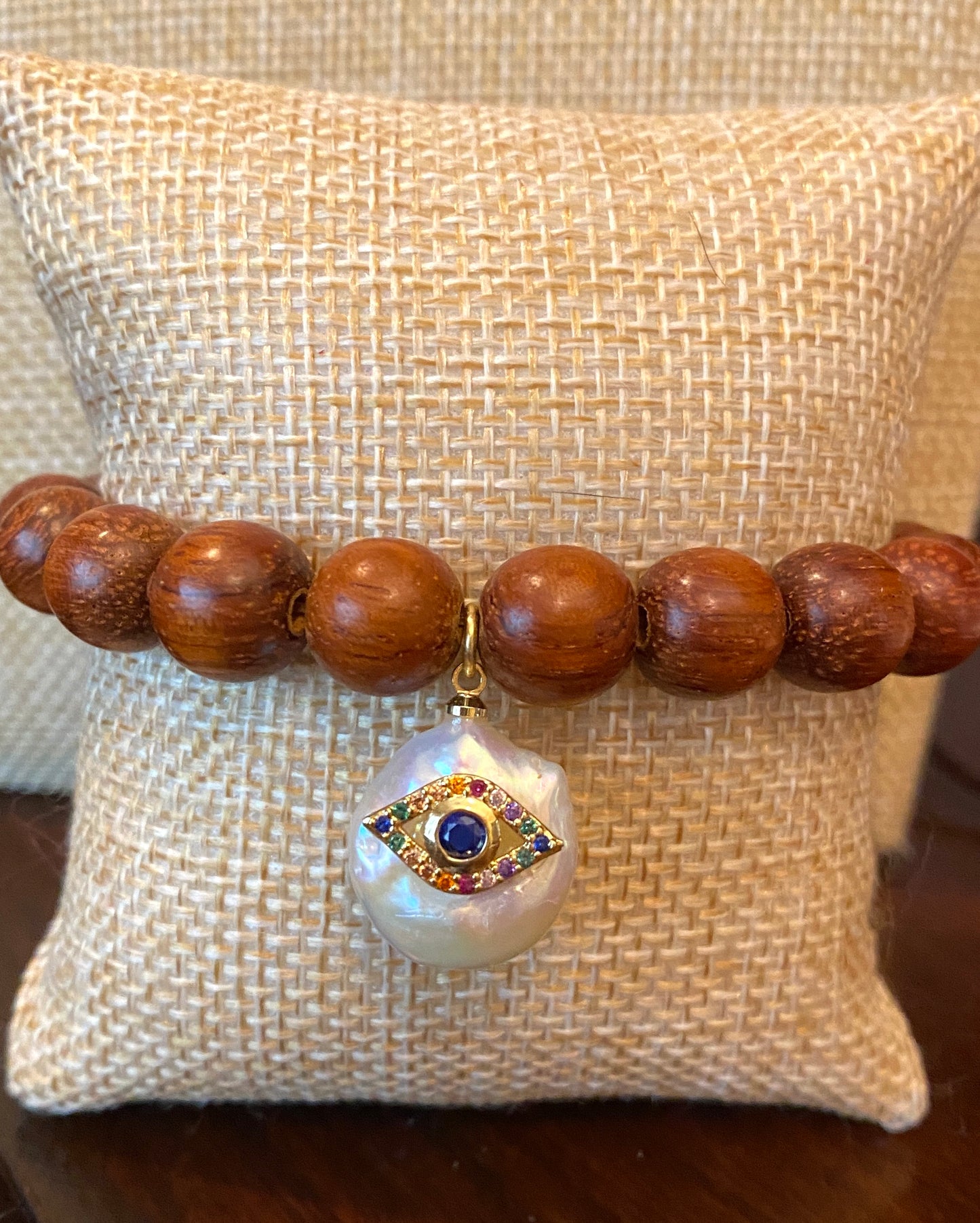 Brown Wooden Elastic Beaded Bracelet with Freshwater Pearl and Evil Eye Charm