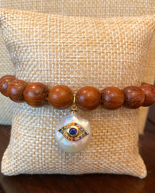 Brown Wooden Elastic Beaded Bracelet with Freshwater Pearl and Evil Eye Charm