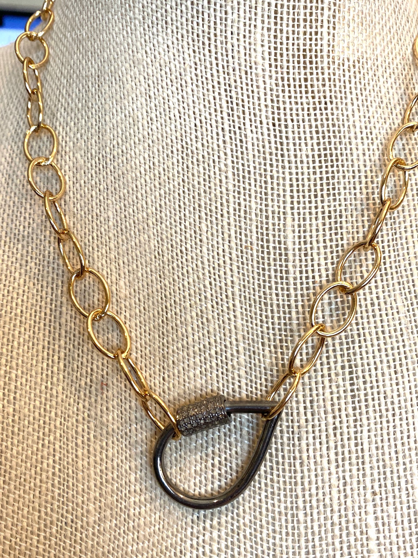 Gold Filled Chain With Pear Shaped Oxidized Carabiner With Diamond Barrel