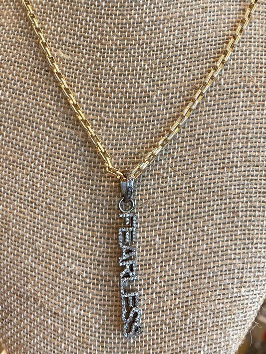 Pave Diamond "Fearless" Pendant on Gold Filled Rectangular Chain