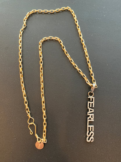 Pave Diamond "Fearless" Pendant on Gold Filled Rectangular Chain