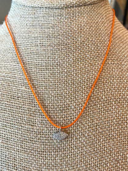 Orange Cord Necklace With Tiny Pave Diamond Football Shaped Pendant
