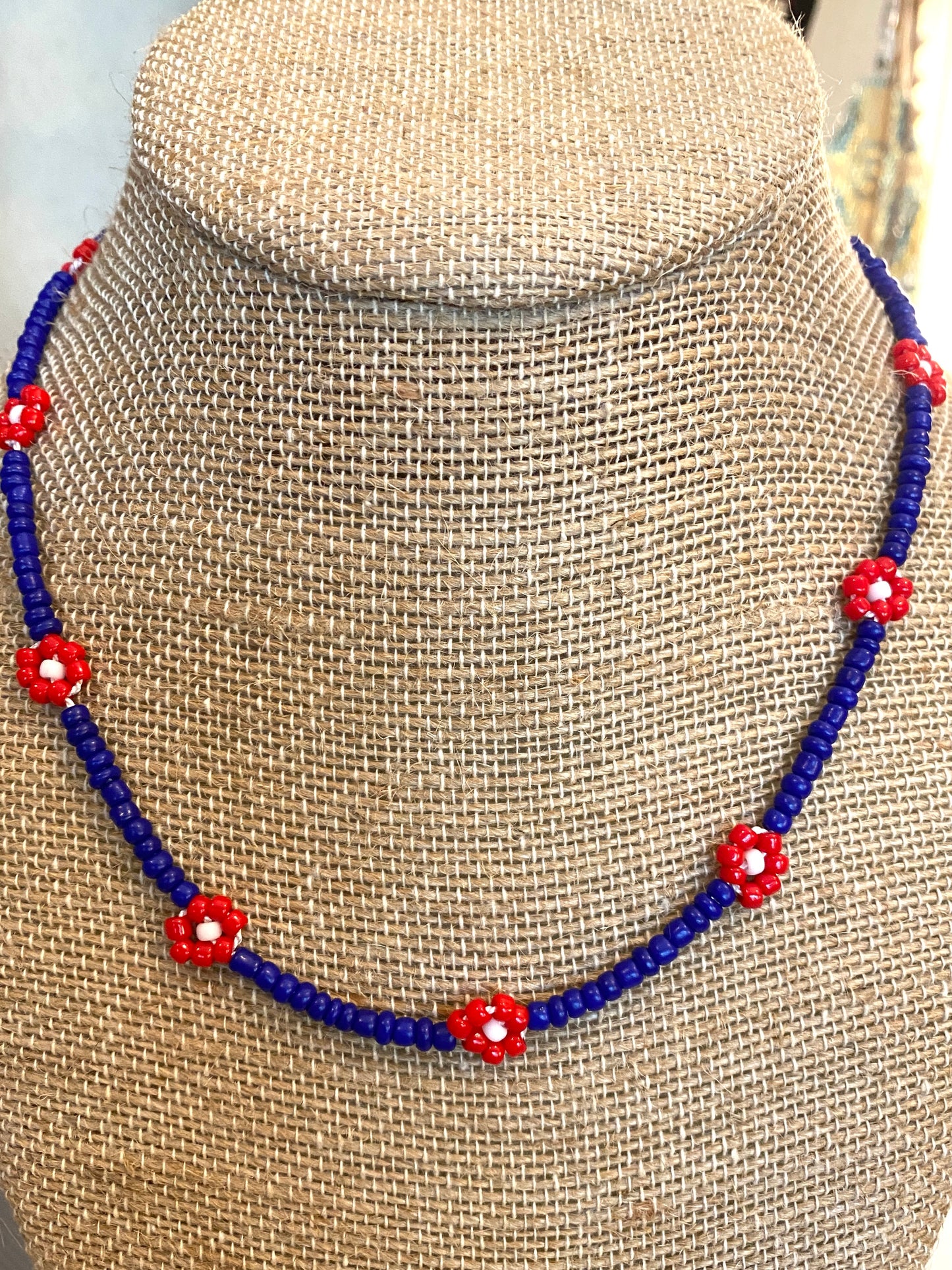 Tiny Royal Blue Beaded Necklace With Red and White Flowers