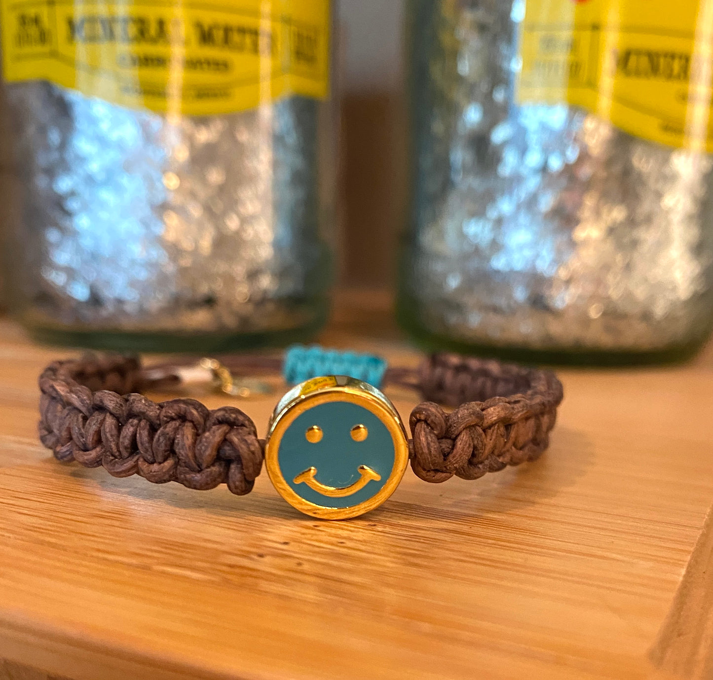 Brown Macrame Adjustable Bracelet with Turquoise Enamel Smiley Face Connector
