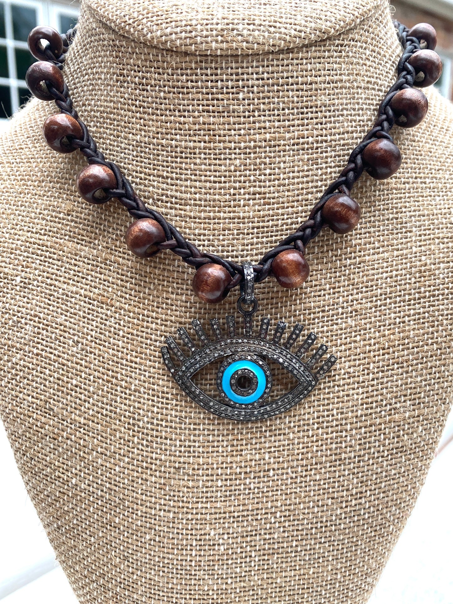 Brown Leather Braided Necklace with Wooden Beads and Pave Diamond Evil Eye