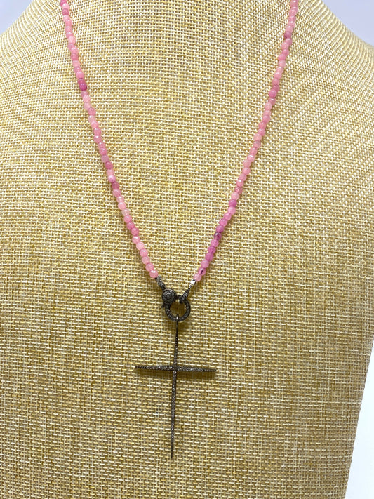 Pink Ruby Beaded Necklace with Pave Diamond Cross