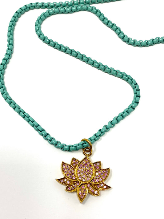 Turquoise Box Chain Necklace with Pink Ruby Lotus Flower Pendant