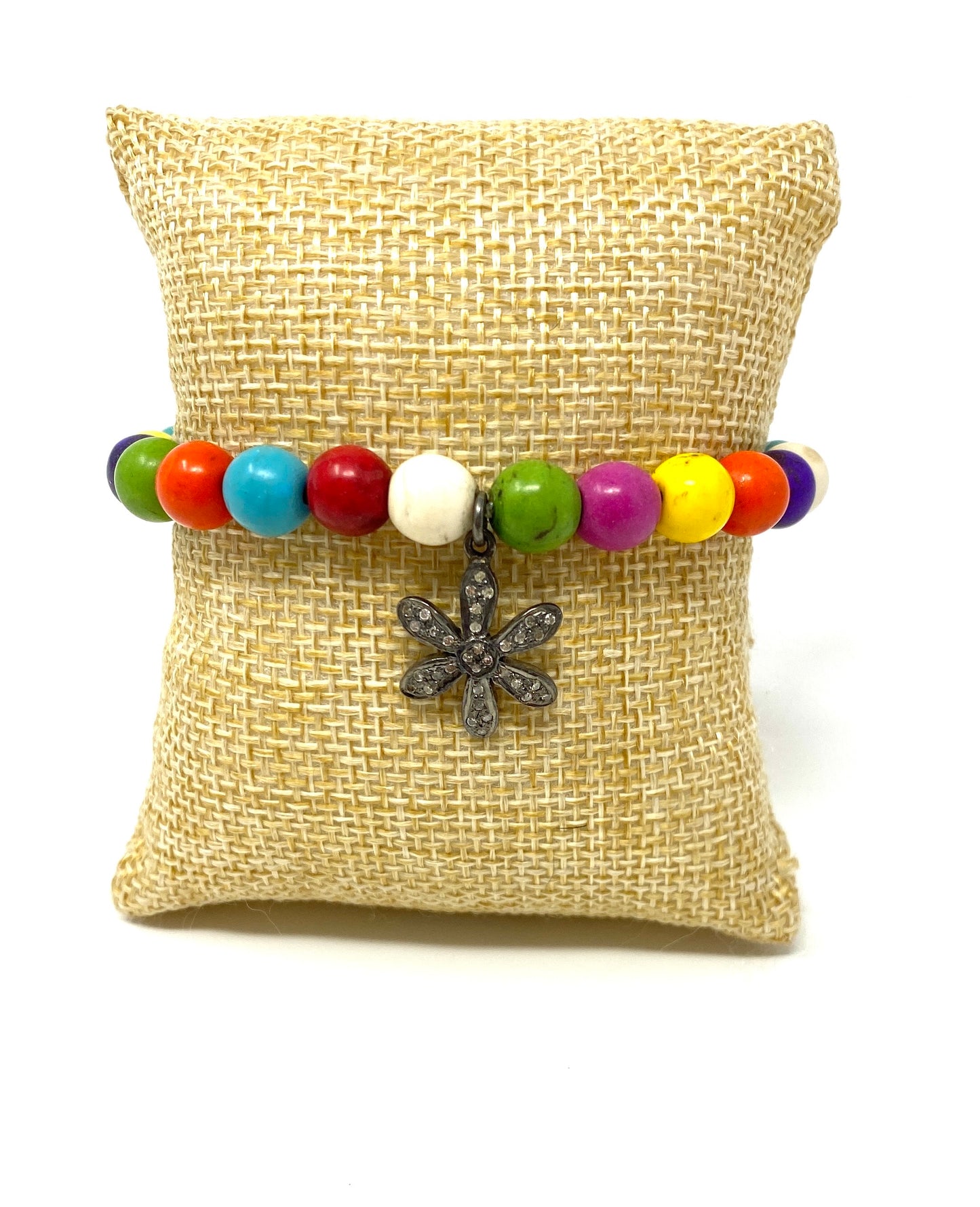 Multicolored Howlite Beaded Bracelet with Pave Diamond Flower Charm