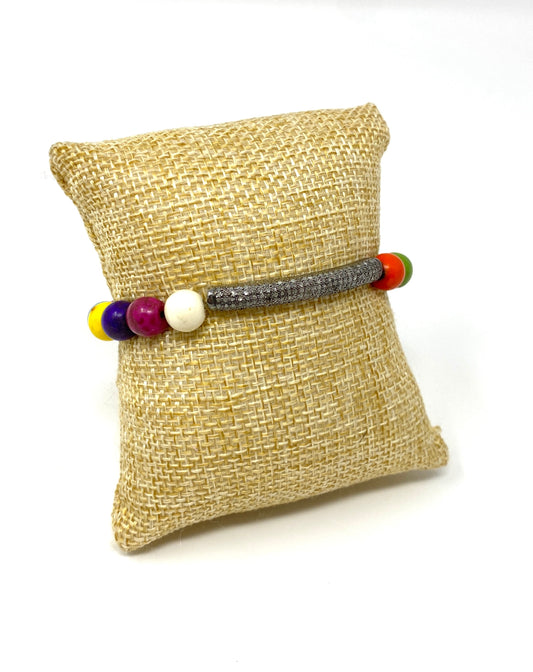 Multicolored Howlite Beaded Bracelet with Pave Diamond Tube Accent