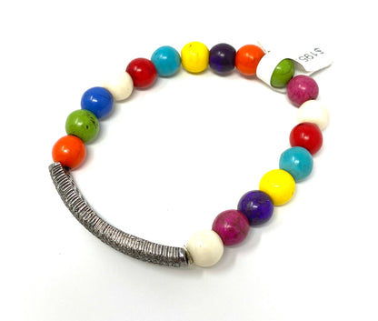 Multicolored Howlite Beaded Bracelet with Pave Diamond Tube Accent